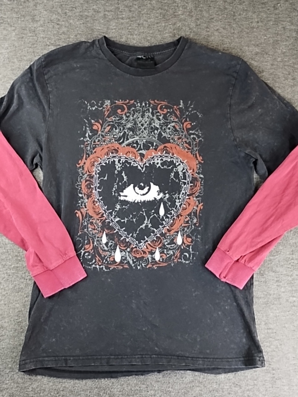 Long Sleeve Layered-Look Graphic Tee - Black with Pink Sleeves